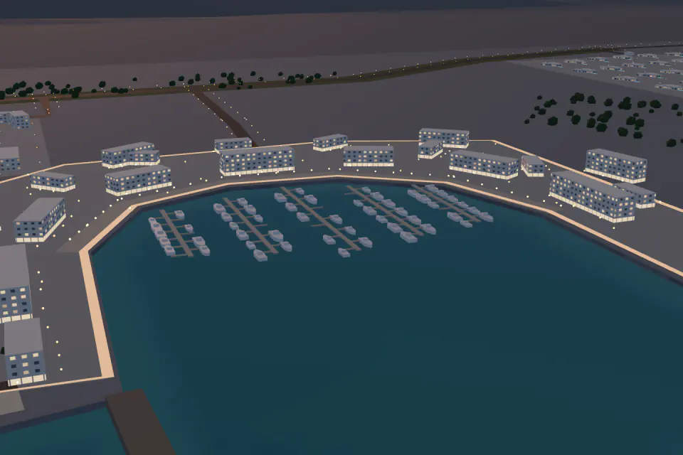 Marina Quarter at dusk: homes around the harbour basin, boats on the pontoons. A render of the model.