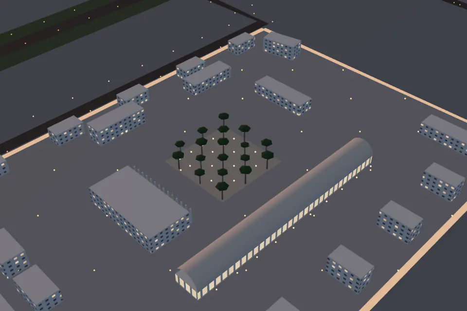 Souq Quarter at dusk: the long covered souq, the library and the palm plaza. A render of the model.