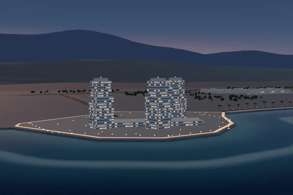 The Towers at dusk: three towers on the headland, the mountains behind. A render of the model.