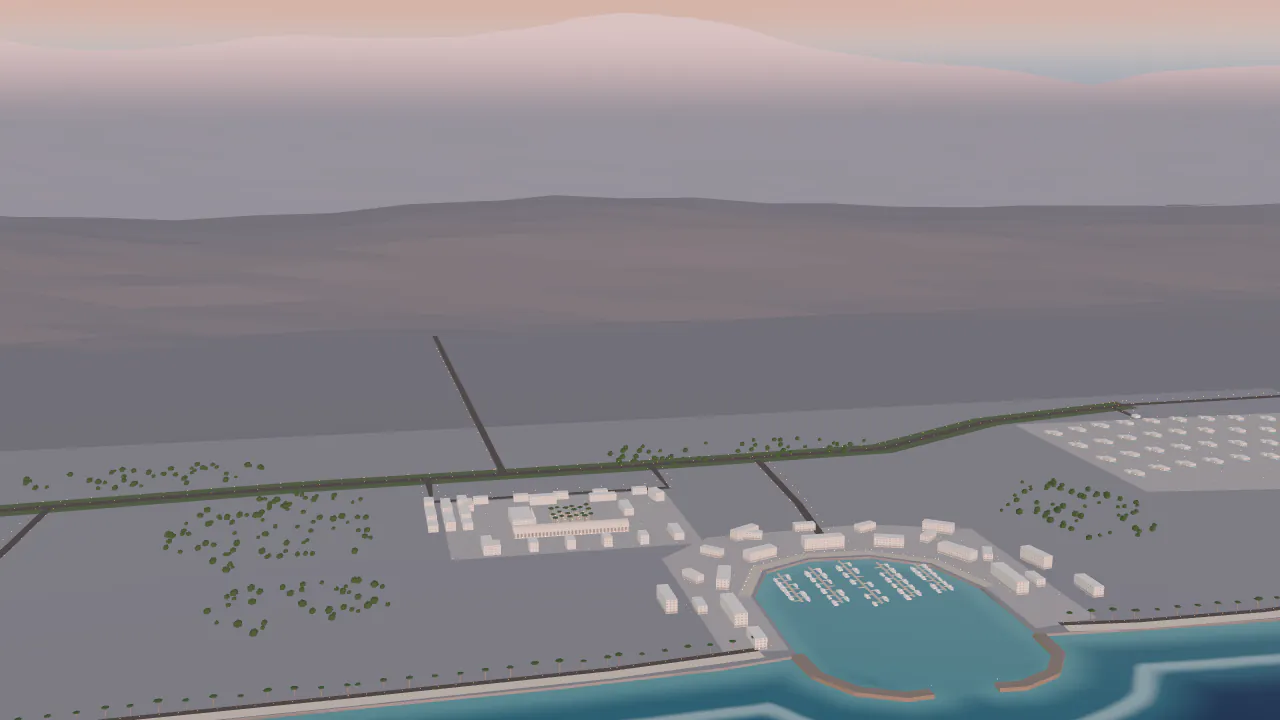 The plan at first light, seen from over the sea, the mountain tops turning pink.