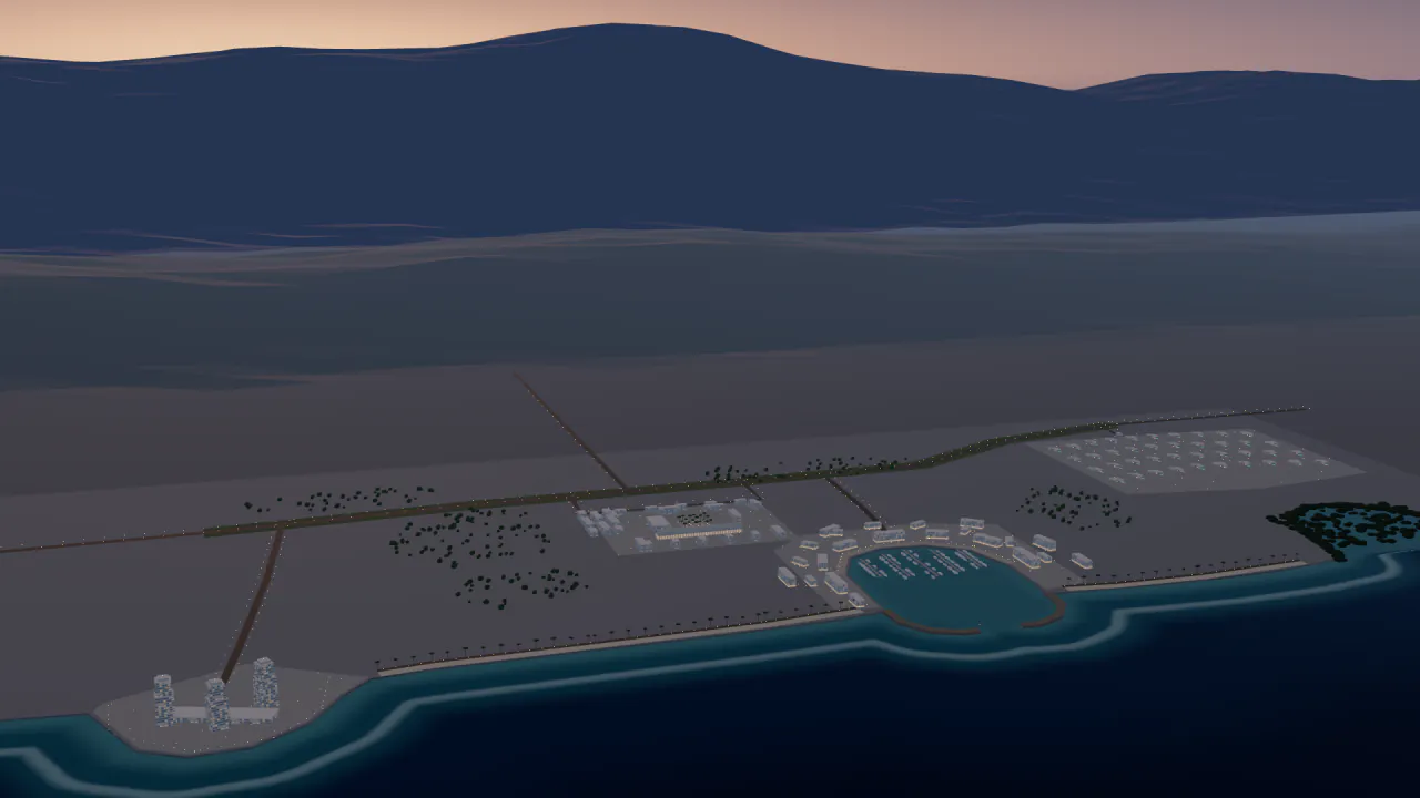 The Tabashir plan at dusk, seen from over the sea: the marina, the souq, the villas and three towers, lit, with mountains behind.