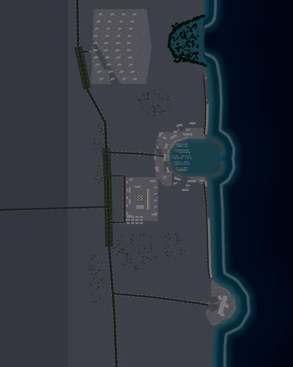 The Tabashir plan from above at dusk. The shore runs down the right side; the four districts are numbered.